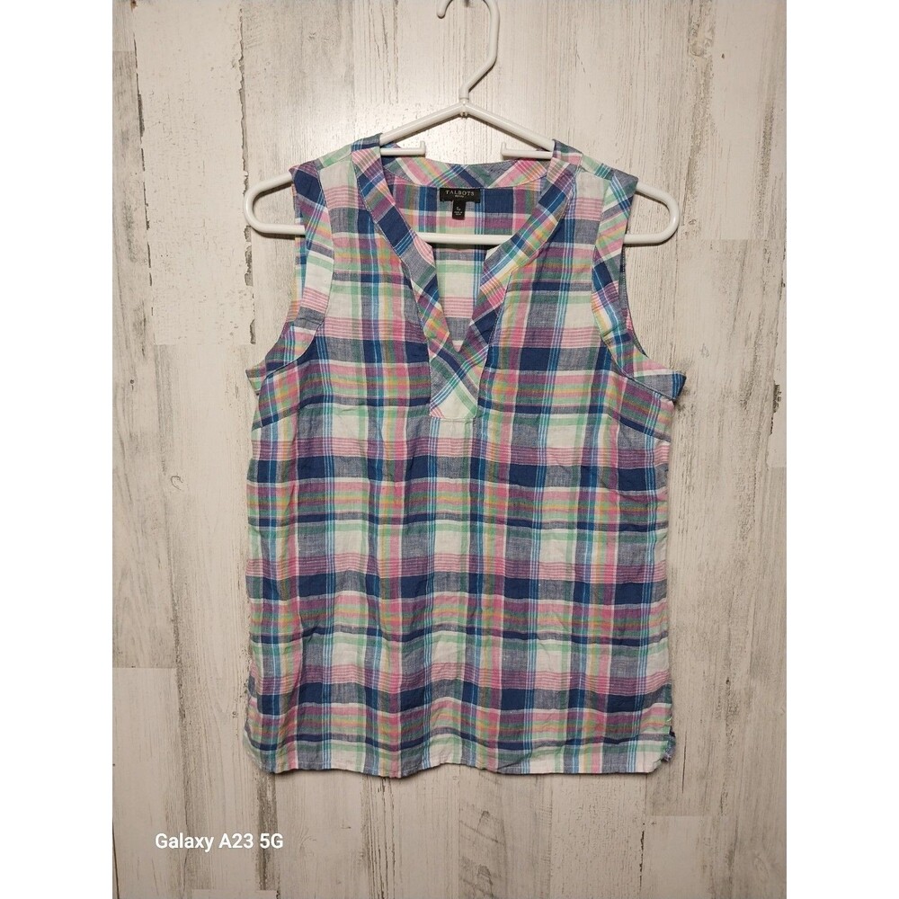 Talbots 100% Linen Top SP Blue Pink Green Plaid Notch Neck Sleeveless Slits